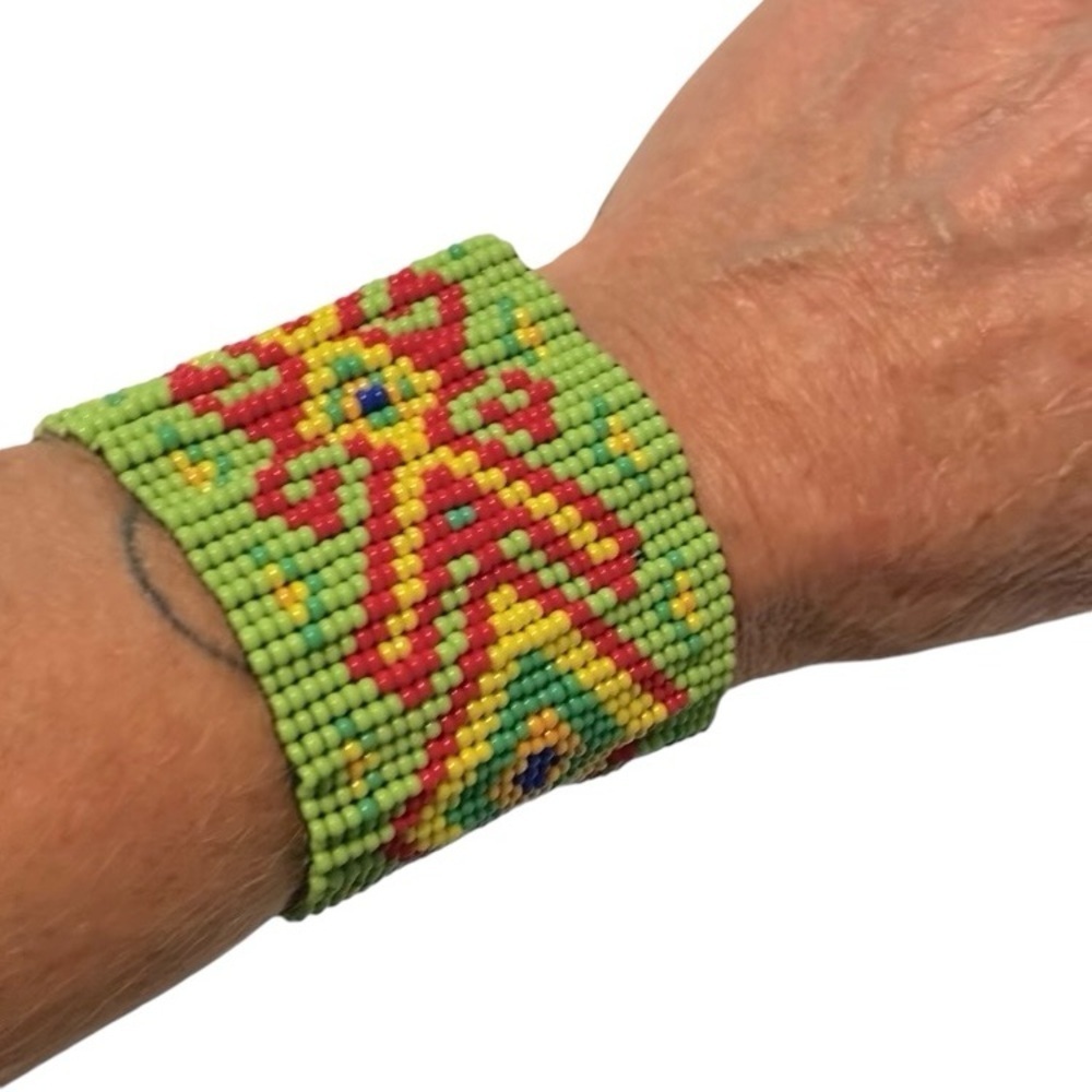 Aztec Bohemian Boho Beaded Large Cuff Bracelet Handmade Green Red Yellow
